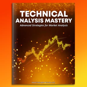 Può includere: Copertina di un libro con il titolo "TECHNICAL ANALYSIS MASTERY" in maiuscolo bianco. Sotto, si legge "Advanced Strategies for Market Analysis". Una grafica di grafico dorata e un effetto bokeh adornano lo sfondo scuro. Il sito web www.TradingBookGuide.com è in basso.