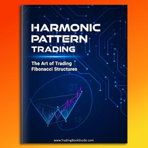 Peut inclure: Couverture de livre avec le titre "HARMONIC PATTERN TRADING" en lettres majuscules blanches. En dessous, le texte indique "The Art of Trading Fibonacci Structures". La couverture présente un fond bleu avec un motif de circuit imprimé et un graphique avec des lignes violettes et blanches.