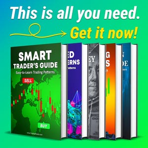 Op de afbeelding: Een collectie van zes boeken getiteld Smart Trader's Guide met de tekst This is all you need. Get it now! Het voorste boek is groen met een wereldkaart, rode en groene candlestick-grafieken en Sell- en Buy-knoppen op de kaft.