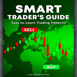 May include: A book cover in green and black, titled "SMART TRADER'S GUIDE" in white. The subtitle is "Easy-to-Learn Trading Patterns." It shows a world map and a stock chart with "SELL" and "BUY" buttons, designed for learning trading.