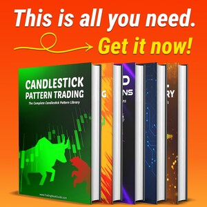 May include: A collection of six books standing upright against an orange background. The front book is green with the text Candlestick Pattern Trading, The Complete Candlestick Pattern Library, and a bull and bear graphic. Text above reads This is all you need. Get it now!