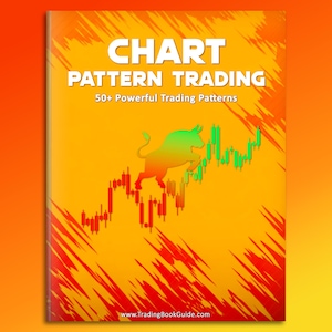 Può includere: Copertina di un libro con il titolo "CHART PATTERN TRADING" in maiuscolo bianco. Sotto, si legge "50+ Powerful Trading Patterns". Una silhouette di toro verde è sopra un grafico azionario rosso e verde su sfondo giallo e arancione.