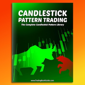 May include: Book cover with the title "CANDLESTICK PATTERN TRADING" in white, bold font. The cover features a green bull and a red bear, with a chart background. The text "The Complete Candlestick Pattern Library" is also included.