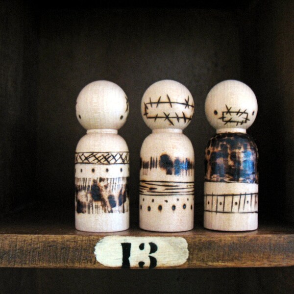 Handmade wooden folk art  peg dolls ...  hear no see no speak no evil