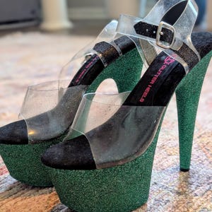 Ultra high Green Clear Glitter Pump Heels