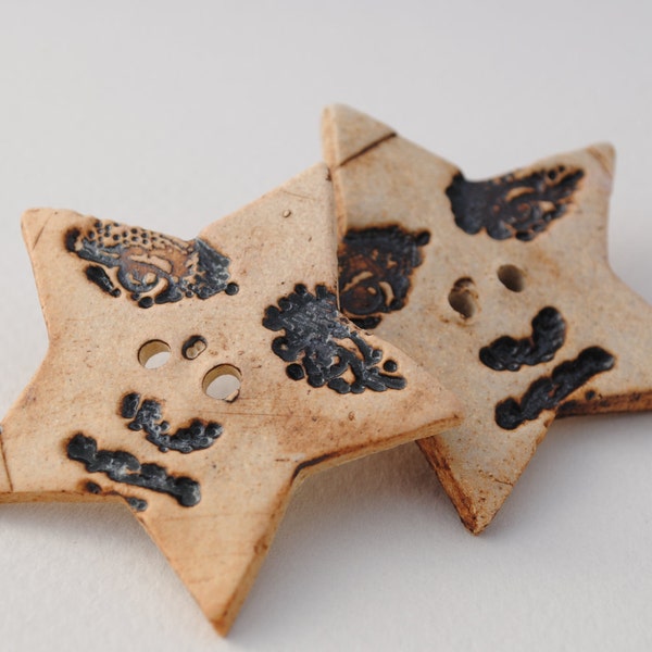 Ceramic star buttons set of two clay face buttons sepia brown earthy