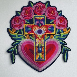 Hermoso parche bordado termoadhesivo grande del Sagrado Corazón mexicano - Completamente nuevo