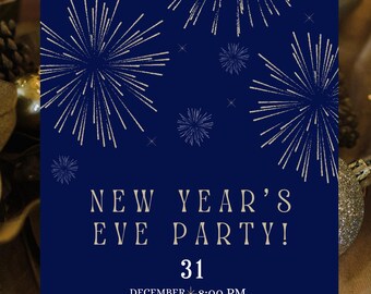 Invito per festa di Capodanno a due colori Modello digitale modificabile Design oro e argento Canva personalizzabile / Celebrazione di Capodanno
