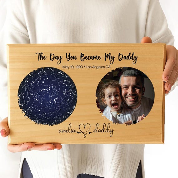 Custom Daddy Star Map with Photo, Personalized Wood Plaque for Dad, First Father’s Day Gift, New Dad Birthday Gift, Nigh
