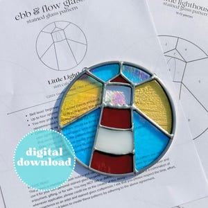 May include: A stained glass pattern of a lighthouse with a red, white, and yellow design. The pattern is called "Little Lighthouse Suncatcher" and is a digital download.