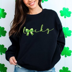 Lucky St Patrick’s Day Sweatshirt, Green Bow Sweatshirt, Irish Lucky Clover Tee, St Patrick&#39;s day Hoodie, Lucky Charm T-Shirt, Lucky Tee