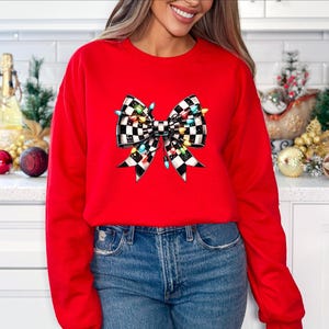 Christmas Checkered Bow Sweatshirt: Coquette Holiday Lights Sweater