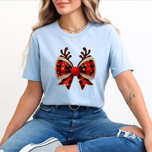 Christmas Reindeer Bow Shirt: Red Glittery Holiday Tee