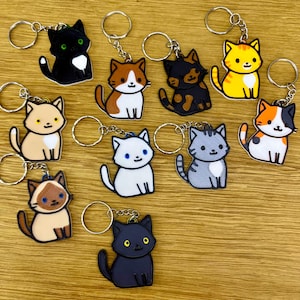 Peut inclure: Un ensemble de dix porte-clés de chat colorés avec des fourrures et des motifs de couleurs différentes. Chaque porte-clés représente un chat avec une expression et une pose différentes. Les porte-clés sont en plastique et sont attachés à des anneaux métalliques.
