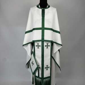 Lightweight white Orthodox priest vestment in Greek style — complete summer set including sticharion Green