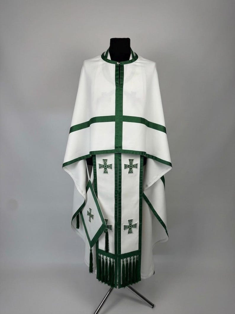 Lightweight white Orthodox priest vestment in Greek style — complete summer set including sticharion Green