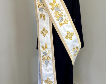 Embroidered White Satin Orthodox Double Orarion | Protodeacon Vestment