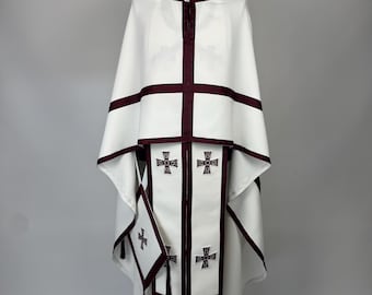 Greek Priest Vestments Set | White Phelonion with Burgundy trim and crosses