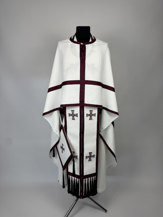Lightweight white Orthodox priest vestment in Greek style — complete summer set including sticharion