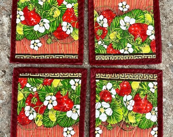 Coaster*Patchwork*for your caffe*handmade*Canada*Reversible Fabric Coasters *Set of 4  Coasters*Quilted Mug Rugs*Strawberry and flowers