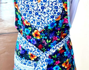 Cotton Fabric Apron: Colourful flowers on Black background Print, Handmade Pocket