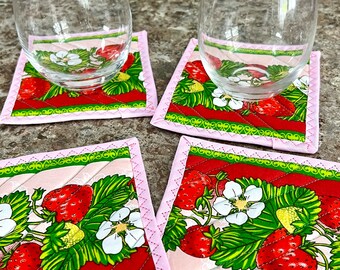 Coaster*Patchwork*for your caffe*handmade*Canada*Reversible Fabric Coasters *Set of 4  Coasters*Quilted Mug Rugs*Strawberry and flowers