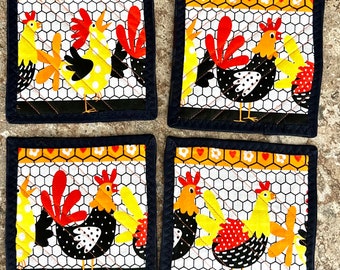 Quilted*Patchwork*for your caffe*handmade*Canada*Large Reversible Fabric Coasters - Set of 4  Coasters - Quilted Mug Rugs*Chiken and Roots