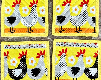 Coaster*Patchwork*for your caffe*handmade*Canada*Reversible Fabric Coasters *Set of 4  Coasters*Quilted Mug Rugs*chikens