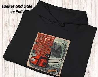 Sudadera con capucha para fanáticos de las películas de terror, sudadera de Tucker y Dale contra el Mal, diseño de motosierra y hacha / Películas de Halloween / Fanáticos de las películas de terror