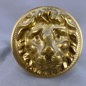 Op de afbeelding: Een gouden metalen deurklopper in de vorm van een leeuwenkop met een gedetailleerd ontwerp. De leeuwenmanen is gebeeldhouwd met ingewikkelde details en het gezicht is realistisch.