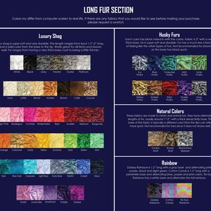 May include: A chart showing different colors and types of faux fur fabrics. The chart is divided into sections labeled "Luxury Shag", "Husky Furs", "Natural Colors", and "Rainbow". Each section shows a variety of colors and describes the length, texture, and other characteristics of the fur.