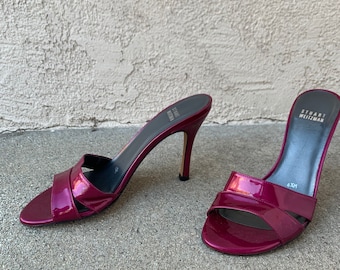 Stuart Weitzman Magenta Pink Patent Leather Vintage Slides Sandal Heels Size 6.5