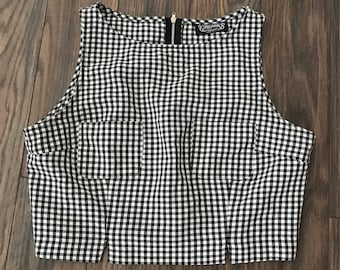Vintage Black and White Gingham Sleeveless Crop Top Size Medium