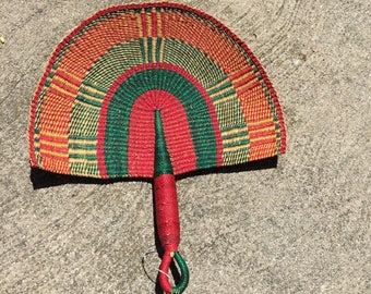 Green and Red Ethnic Vintage Wicker Fan Wall Hanging