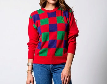 Red Purple Green Checkered Vintage Golf Pullover Sweater