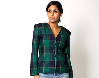 Plaid Green and Blue Preppy Vintage Blazer Jacket