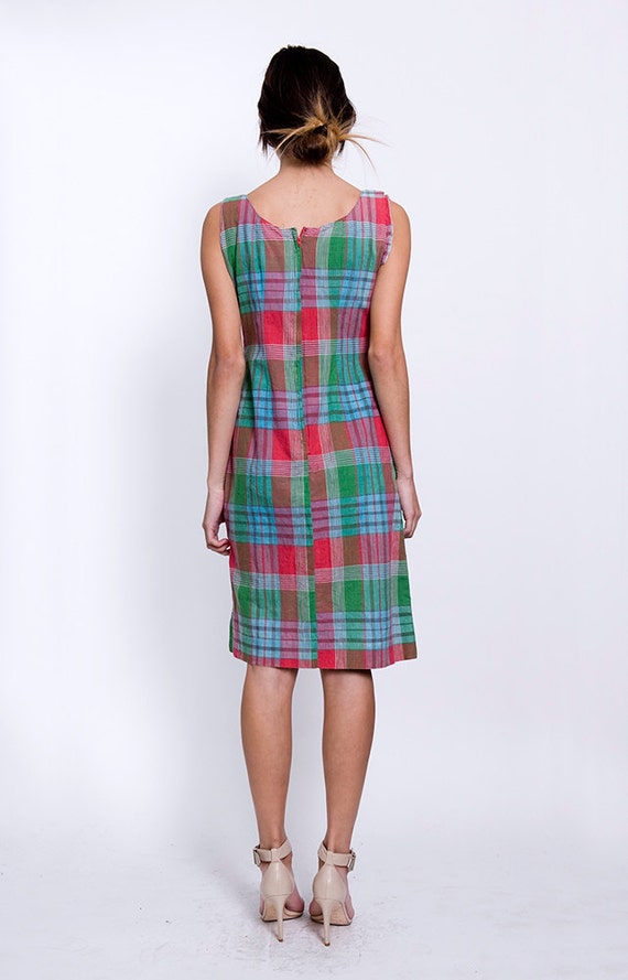 Pink Green Blue Plaid Sleeveless Vintage Shift Dr… - image 3