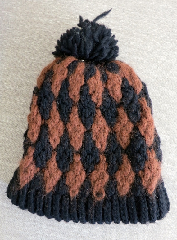 Brown and Black Diamond Knit Vintage Beanie Hat wi