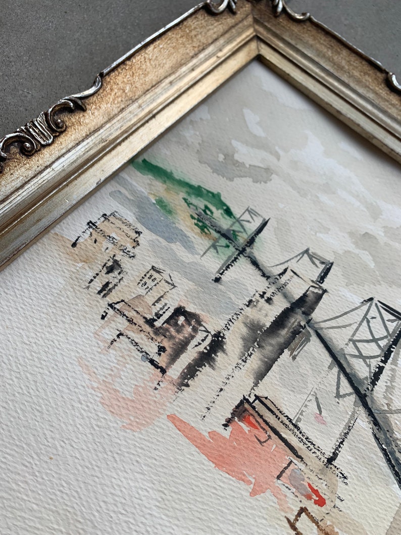 Libo 1957 Signed Vintage Bridge Metropolitan City Cityscape Watercolor 10.5x 12.5
