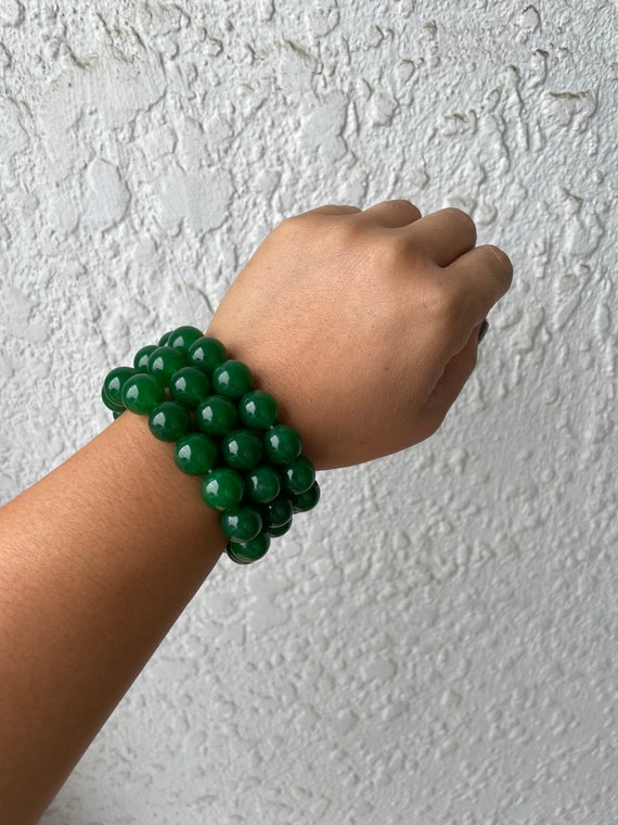 Green Chinese Jade Beaded Elastic Vintage Bracelet