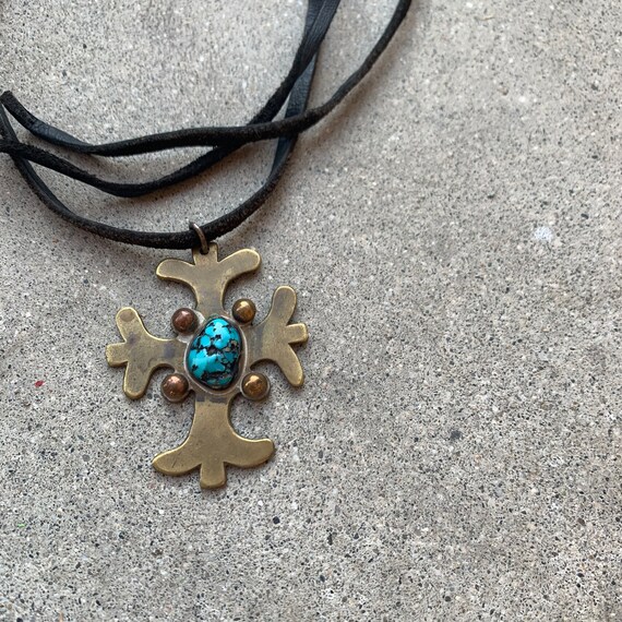 Brass Cross With Turquoise on Suede String Vintag… - image 4