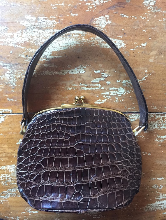 Brown Alligator Skin Leather Vintage 1960s Mini H… - image 1