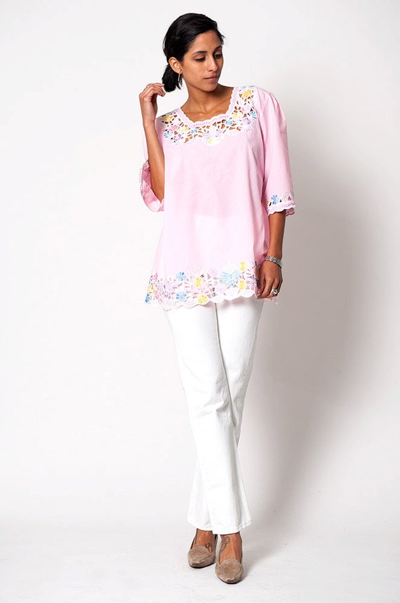 The Pastel Pink Cut Out Floral Ethnic Tunic Blouse - image 2