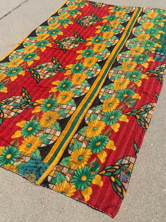 Indian Batik Yellow and Green Flower Red Tone Mad… - image 2