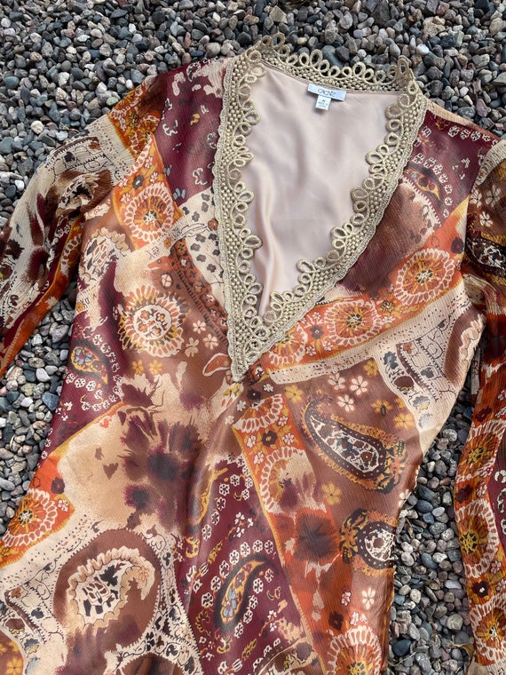 Cache Natural Tan Paisley Print Y2K Bell Sleeve Fl