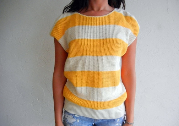 Yellow & Beige Striped Knit Vintage Cap Sleeved T… - image 2