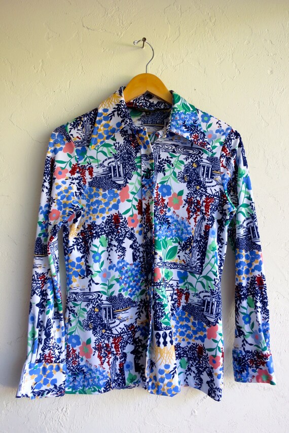 Blue Floral Print Retro Vintage 70s Button Up Shi… - image 2