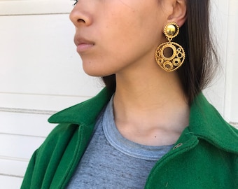 Vintage Gold Plated Hoop Dangle Clip On Costume Earrings