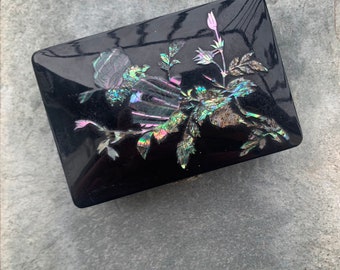 Abalone Inlay Rose Flower Resin Black Lacquerware Vintage Asian Large Jewelry Box With Inner Velvet Lining