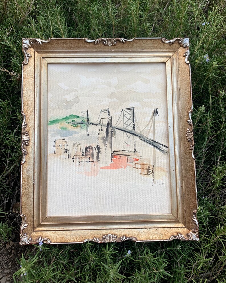 Libo 1957 Signed Vintage Bridge Metropolitan City Cityscape Watercolor 10.5x 12.5